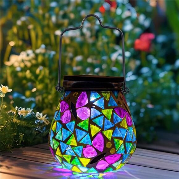 Mosaic Solar Lanterns-Glass HangingLights Butterfly HollowOut Waterproof Outdoor - Picture 6 of 7
